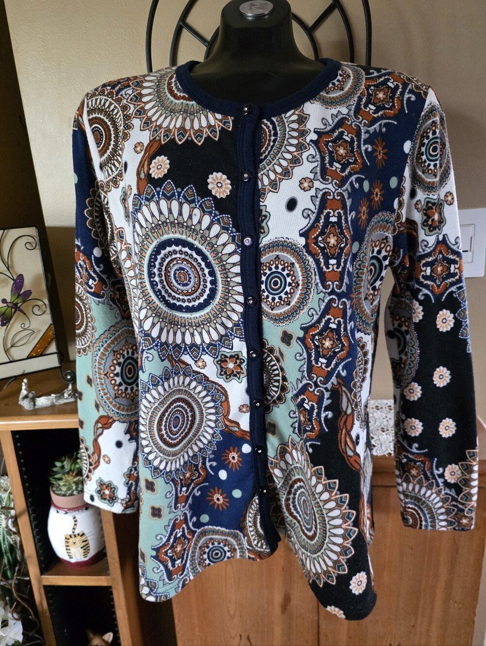 Vtg Wearable Art Navy Embellished Boho Button-Up Lightweight Cardigan Sweater